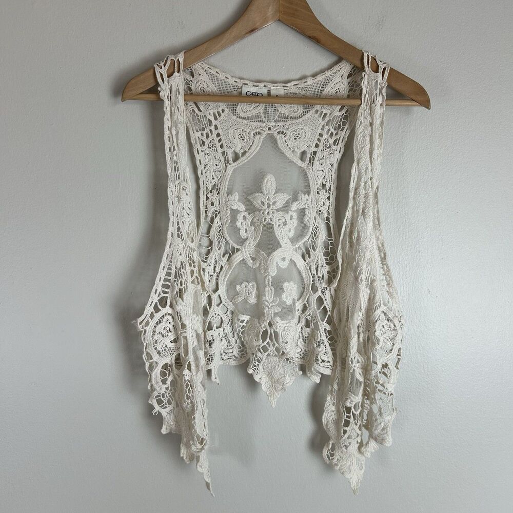 Vtg Crochet Boho Festival Sleeveless Open Front Lace Ivory Vest Cardigan XL